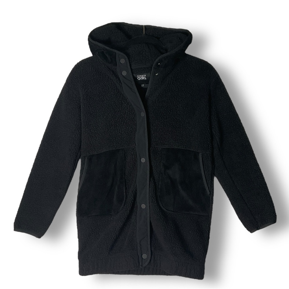 Athleta Girl Jacket Sz L So Toasty Tugga Long Sherpa Hooded Athletic Black - Picture 2 of 14